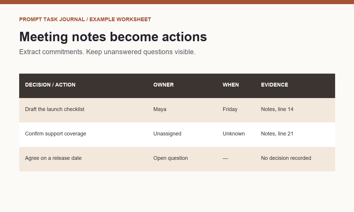 Meeting Notes to Action Items: A Prompt That Preserves Unknowns