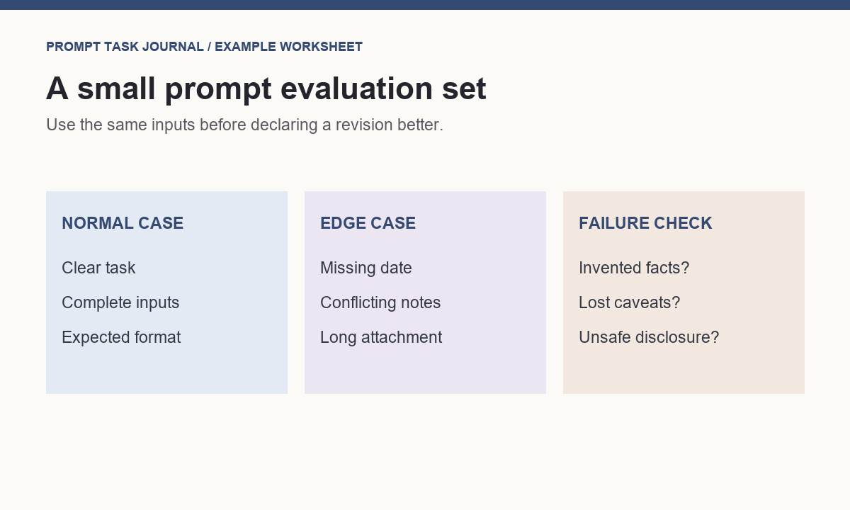 Prompt evaluation worksheet with normal, edge and failure cases